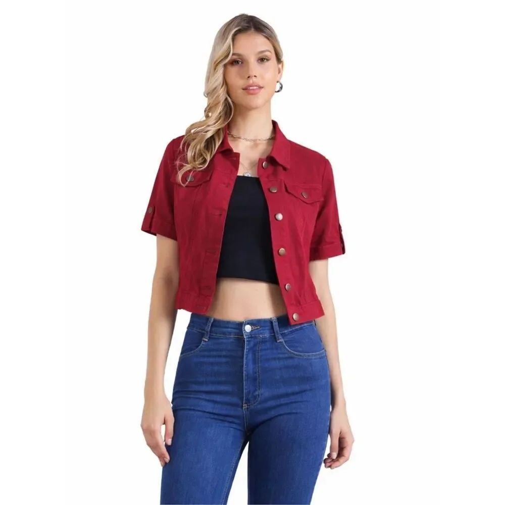 Coldwater Creek Linen Blend Top Jacket Short Sleeve Red Denim Size 6 Festival